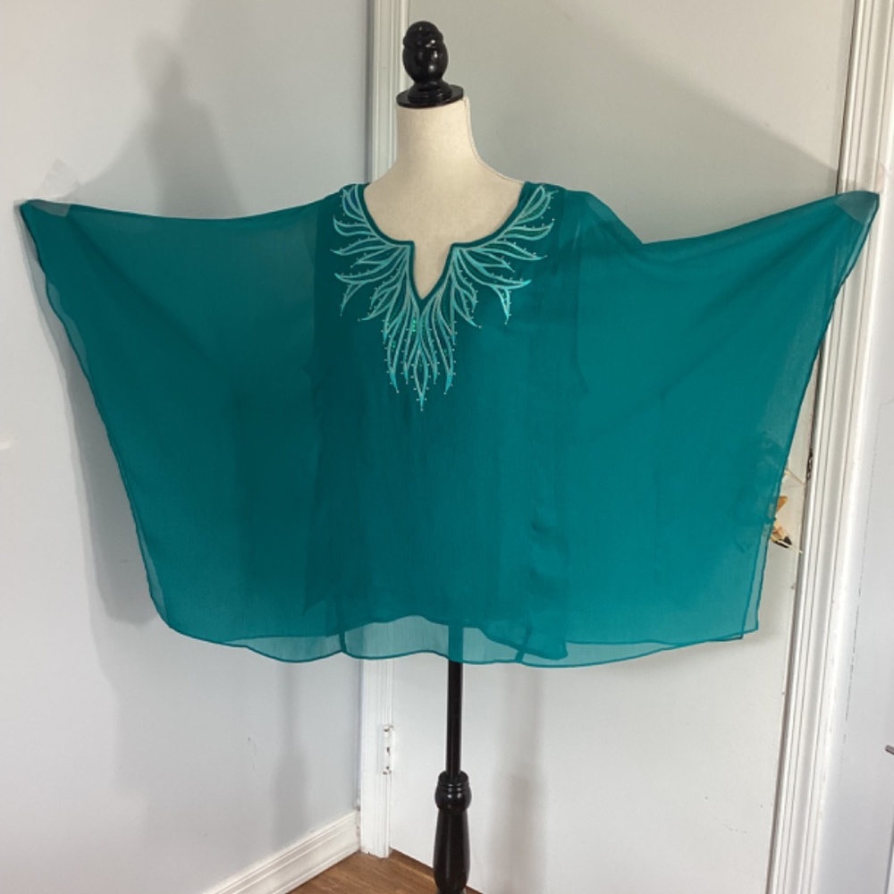 VTG BOB MACKIE WEARABLE ART SZ LARGE TEAL BATWING TOP BLOUSE SEQUINS EMBROIDERY - Picture 5 of 9